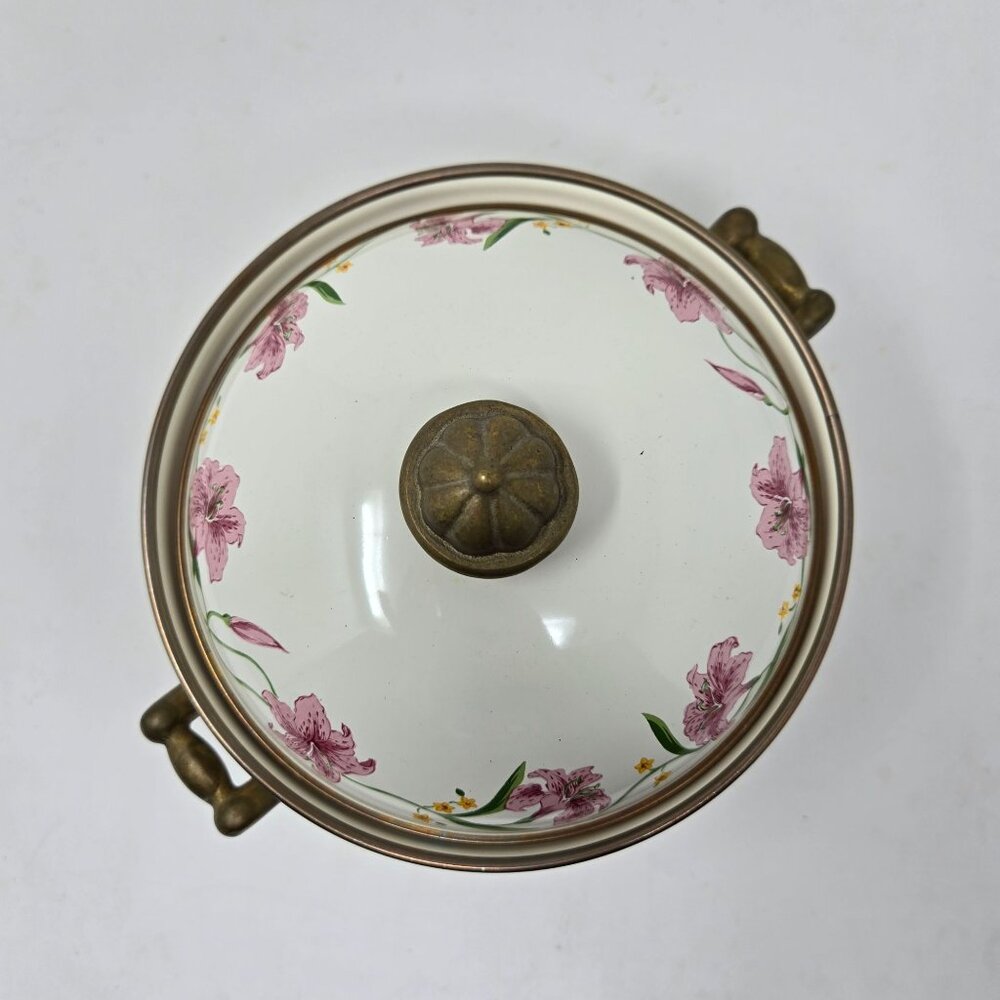 Normandy‎ Taiwan Vintage Lily Floral Enamelware Soup Tureen Pot With Lid & Brass - Picture 2 of 10